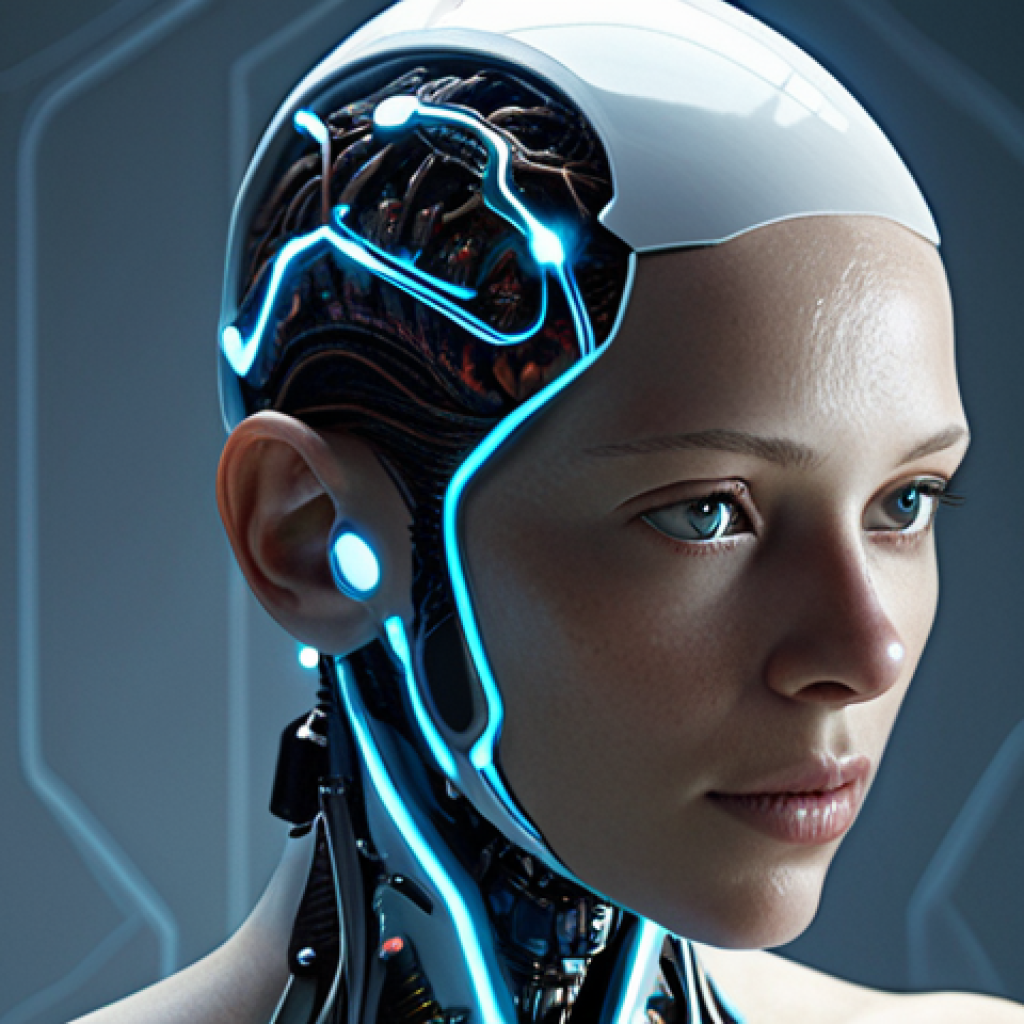 **Image Prompt 1:** A human figure with seamlessly integrated, subtly glowing cybernetic enhancements and a brain-computer interface. The setting is modern and sleek, blurring the lines between organic and technological, reflecting the posthuman evolution and the concept of an "upgraded" body. Emphasize both functionality and the uncanny.