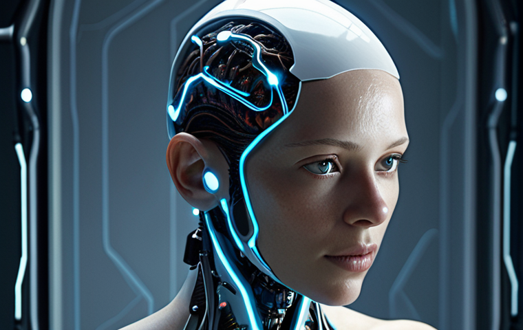 **Image Prompt 1:** A human figure with seamlessly integrated, subtly glowing cybernetic enhancements and a brain-computer interface. The setting is modern and sleek, blurring the lines between organic and technological, reflecting the posthuman evolution and the concept of an "upgraded" body. Emphasize both functionality and the uncanny.