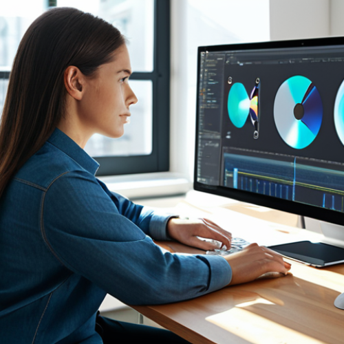 A professional female graphic designer, in a modest business casual outfit, sitting at a sleek desk in a minimalist, sunlit creative studio. She is collaborating with an advanced AI displayed as a holographic interface, which assists her in refining a complex digital art piece on a large screen. The scene emphasizes seamless human-machine synergy and creativity. The studio features modern ergonomic furniture and subtle tech accents. fully clothed, appropriate attire, safe for work, professional, perfect anatomy, correct proportions, natural pose, well-formed hands, proper finger count, natural body proportions, high quality professional photography.